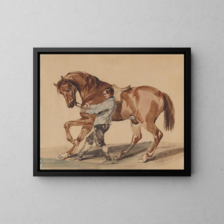 Stable hand with a chestnut horse - Piotr Michałowski — framed artwork on a wall