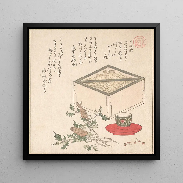 Green Dot Painting in a Measure and Hibiscus Ears with Sardine Heads - Kubo Shunman — framed artwork on a wall