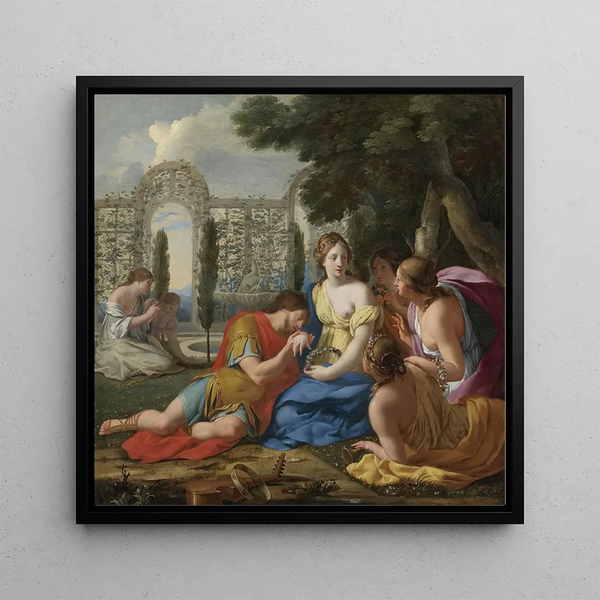 Polyphile and Polia paintings accompanied by nymphs on the island of Cythera - Eustache Le Sueur — framed artwork on a wall