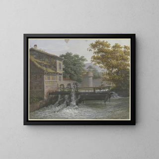 a painting of a mill with three arches on the bridge, a man on a donkey - Polyxène Basse — framed artwork on a wall
