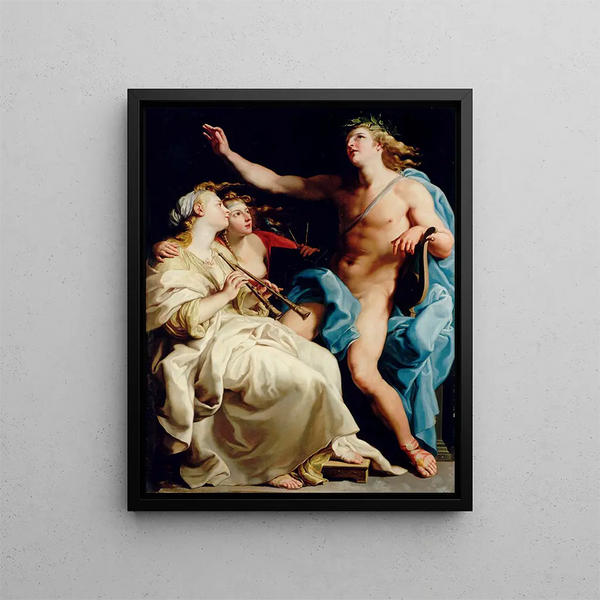 Apollon and the two Muses - Pompeo Batoni — framed artwork on a wall