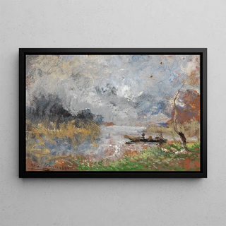 A boat ride on a lake - Pompeo Mariani — framed artwork on a wall
