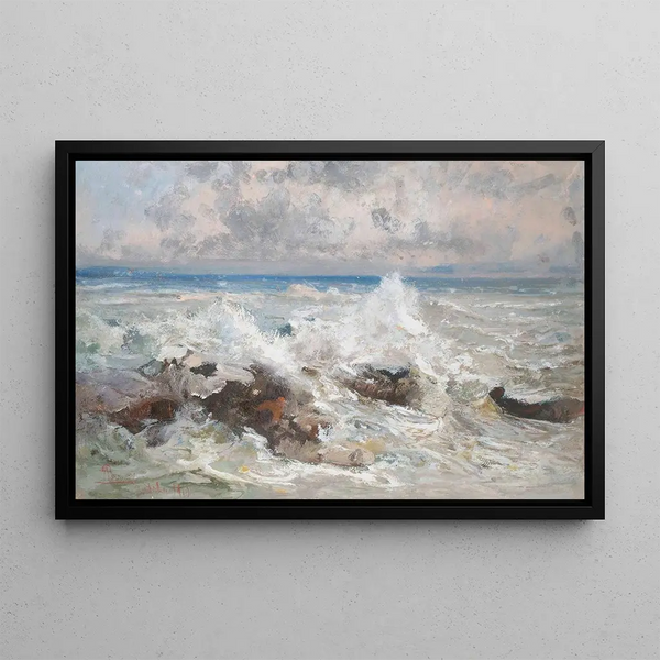 Waves crashing on the rocks at Bordighera - Pompeo Mariani — framed artwork on a wall