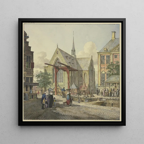 the lock gate near a church, on the left a veiled lady, an officer, and a lady with a boy - Johannes Huibert Prins — framed artwork on a wall
