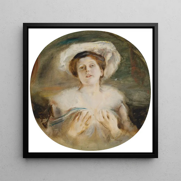Portrait of a lady with a white hat - Franz von Lenbach — framed artwork on a wall
