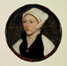 Portrait of a young woman with a white headdress - Hans Holbein the Younger — displayed in an interior
