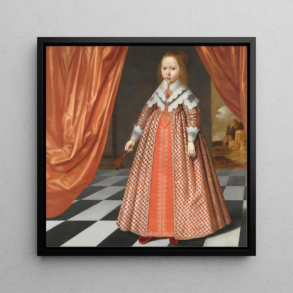 Portrait of a young girl in front of a draped red curtain, a landscape beyond - Dutch School — framed artwork on a wall