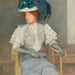 Portrait of a lady with a green feather hat and bow - Friedrich König — displayed in an interior