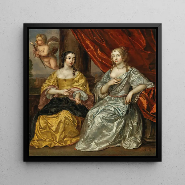 Portrait of Two Nobles with Cupid - Jan Mijtens — framed artwork on a wall