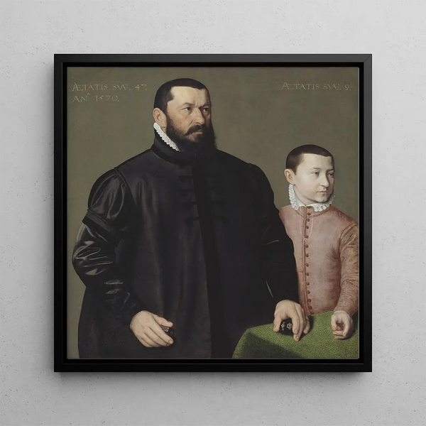Portrait painting of the Nuremberg jeweler Hans Lencker 1523-1585 and his 9-year-old son Elisius the Younger - Nicolas Neufchâtel — framed artwork on a wall
