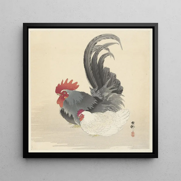 Poule et coq - Ohara Koson — framed artwork on a wall