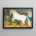 a rearing horse held by a richly dressed groom in a stormy landscape - School of Prague — framed artwork on a wall