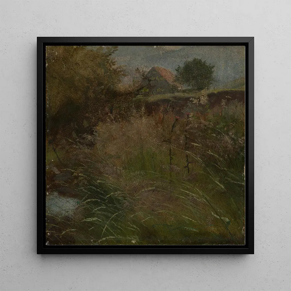 Prairie in the background with a peasant house - Hans Thoma — framed artwork on a wall