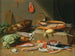 a Still Life Painting of a kitchen with fish, vegetables, and a cat - Pseudo Jan van Kessel II — artwork view
