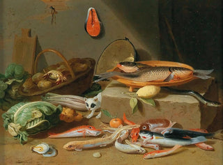 a Still Life Painting of a kitchen with fish, vegetables, and a cat - Pseudo Jan van Kessel II — artwork view