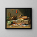 a Still Life Painting of a kitchen with fish, vegetables, and a cat - Pseudo Jan van Kessel II — framed artwork on a wall