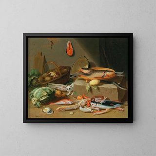 a Still Life Painting of a kitchen with fish, vegetables, and a cat - Pseudo Jan van Kessel II — framed artwork on a wall