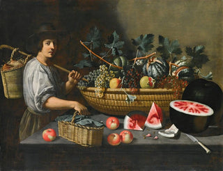 a Still life with grapes, melons, and pomegranates on a stone ledge with a figure carrying a basket on the left - Pseudo Pietro Paolo Bonzi — artwork view
