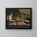 a Still life with grapes, melons, and pomegranates on a stone ledge with a figure carrying a basket on the left - Pseudo Pietro Paolo Bonzi — framed artwork on a wall