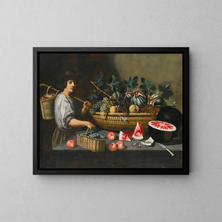a Still life with grapes, melons, and pomegranates on a stone ledge with a figure carrying a basket on the left - Pseudo Pietro Paolo Bonzi — framed artwork on a wall