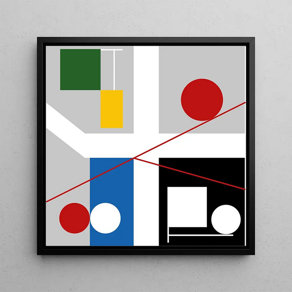 Quatre espaces avec des cercles rouges roulants - Myriam Thyes — wall display of the artwork