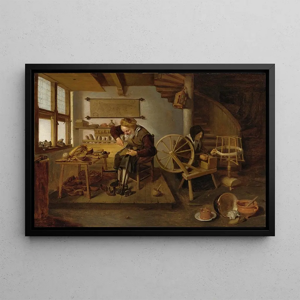 a Shoemaker at Work with His Wife Spinning Wool - Quirijn van Brekelenkam — framed artwork on a wall