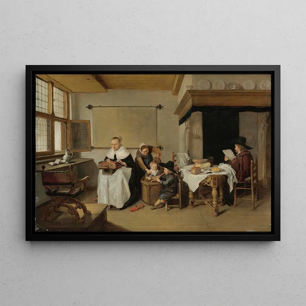 a domestic interior with a family - Quirijn van Brekelenkam — framed artwork on a wall