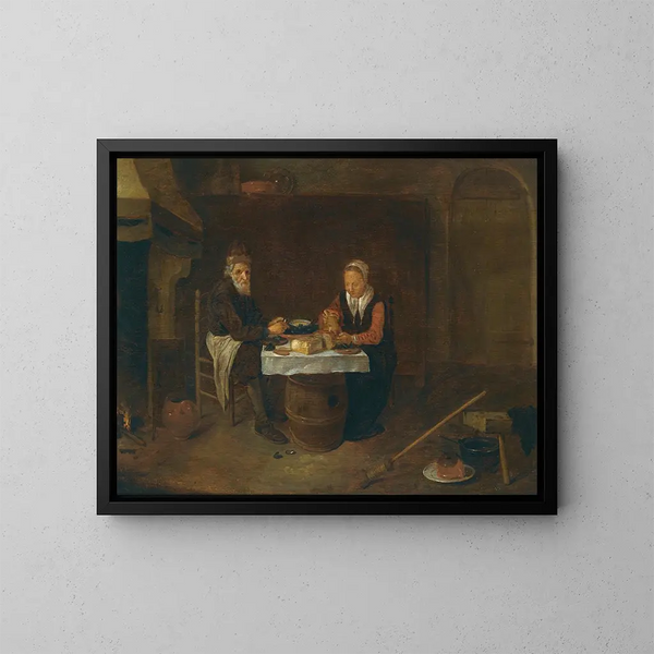 a modest interior with an elderly couple sitting at a table eating mussels and bread - Quirijn van Brekelenkam — framed artwork on a wall