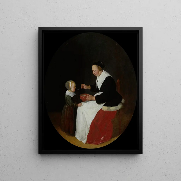 a mother giving porridge to her child - Quirijn van Brekelenkam — framed artwork on a wall