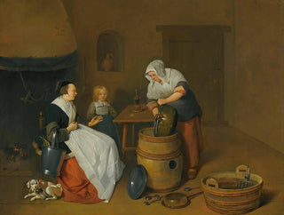 a woman talking with her maid in a kitchen with a child, a dog, and a fire - Quirijn van Brekelenkam — artwork view
