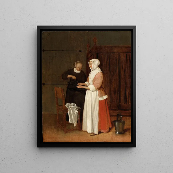 Une femme se lave les mains - Quirijn van Brekelenkam — framed artwork on a wall