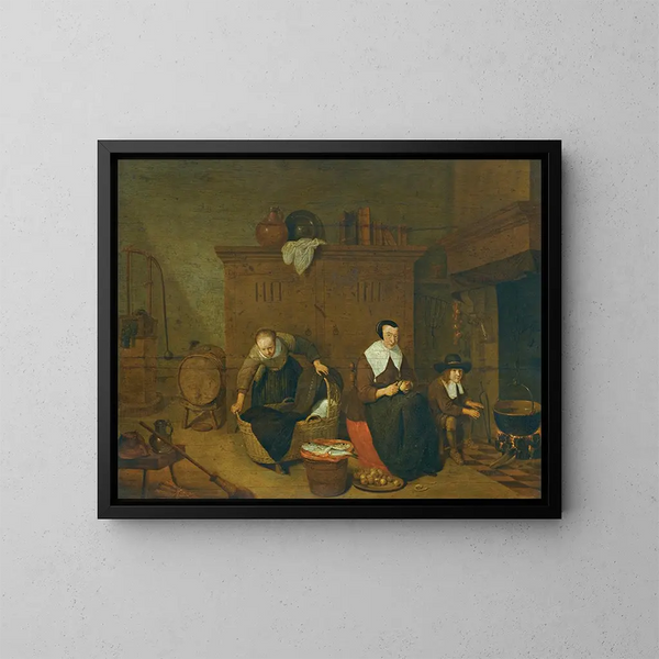 an interior with a woman peeling turnips - Quirijn van Brekelenkam — framed artwork on a wall