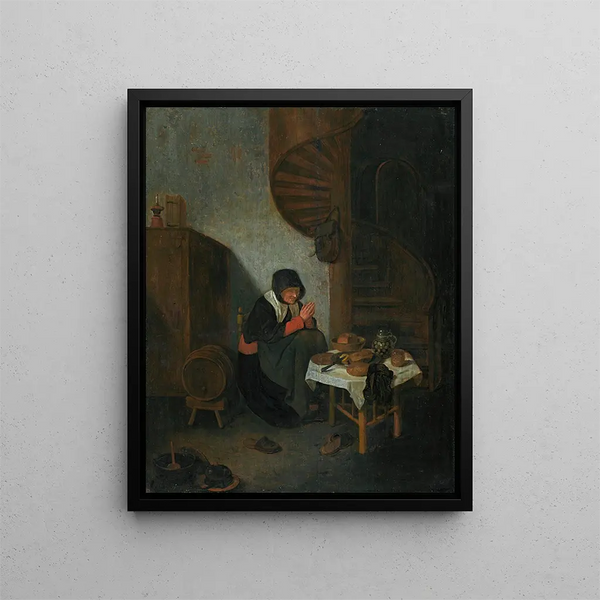 an old woman in an interior saying grace before a meal - Quirijn van Brekelenkam — framed artwork on a wall