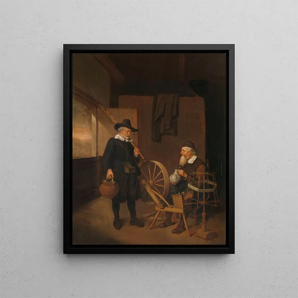 Interior painting with fisherman and man next to a spool and a reel - Quirijn van Brekelenkam — framed artwork on a wall
