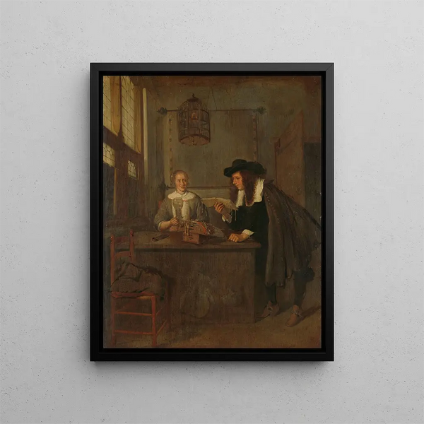 Interior painting with a lacemaker and a visitor - Quirijn van Brekelenkam — framed artwork on a wall