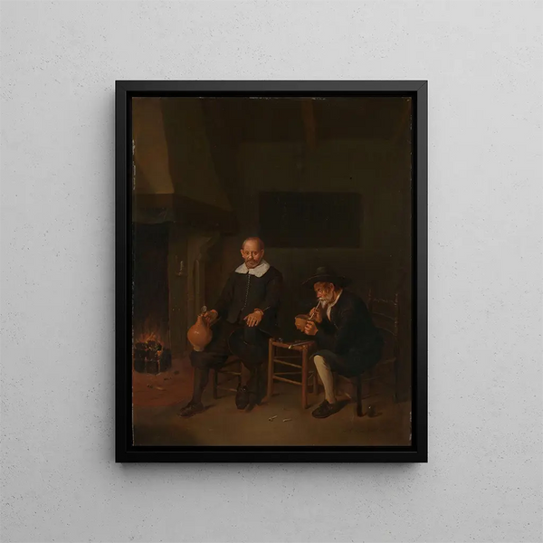 Interior painting with two men by the fireplace - Quirijn van Brekelenkam — framed artwork on a wall