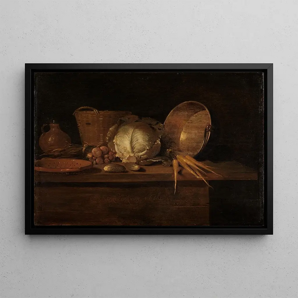 Kitchen Still Life Painting - Quirijn van Brekelenkam — framed artwork on a wall