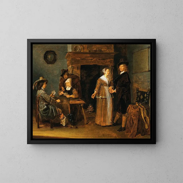 Société mixte jouant aux cartes - Quirijn van Brekelenkam — framed artwork on a wall