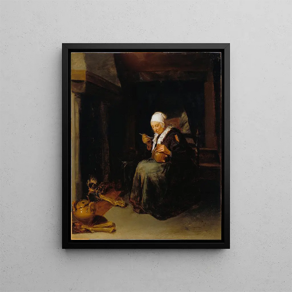 Old woman eating - Quirijn van Brekelenkam — framed artwork on a wall