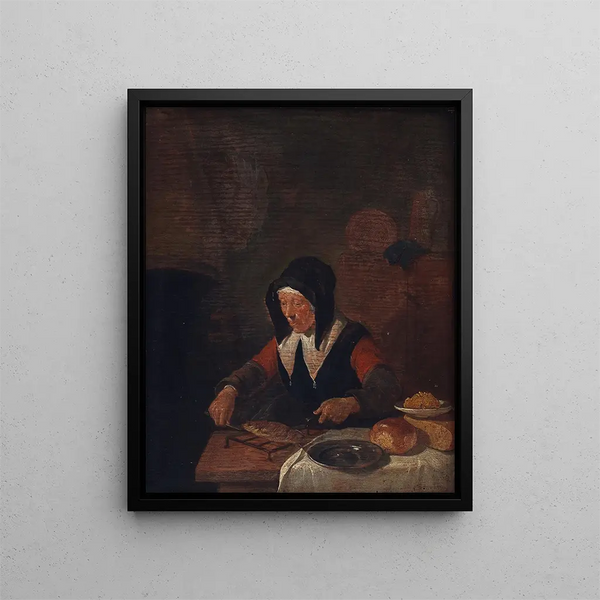 Old woman at her meal - Quirijn van Brekelenkam — framed artwork on a wall