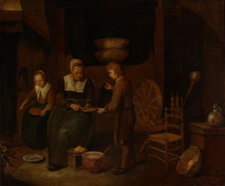 an Old Woman Cooking Crepes with Two Children - Quirijn van Brekelenkam — artwork view