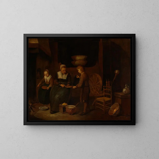 an Old Woman Cooking Crepes with Two Children - Quirijn van Brekelenkam — framed artwork on a wall