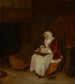 a seated woman with a velvet jacket sewing - Quirijn van Brekelenkam — artwork view