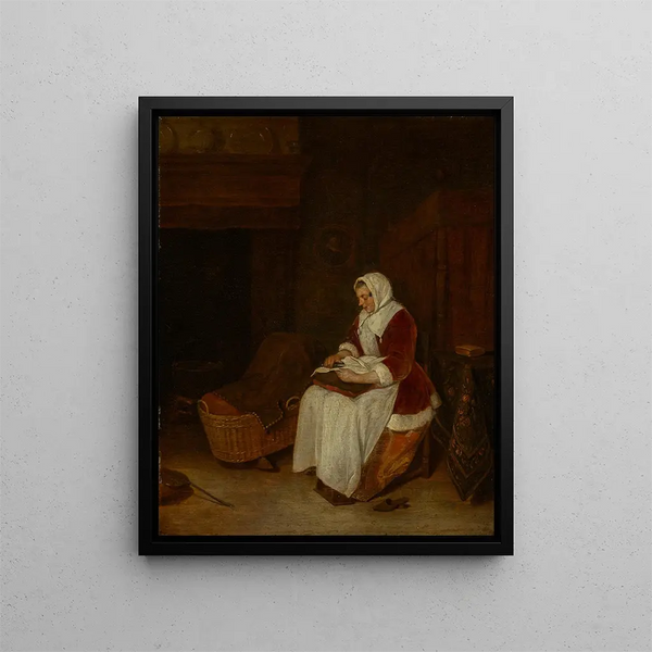 a seated woman with a velvet jacket sewing - Quirijn van Brekelenkam — framed artwork on a wall