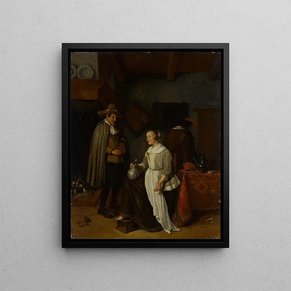 Soldat buvant avec une jeune femme dans une auberge - Quirijn van Brekelenkam — framed artwork on a wall