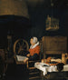 Woman beside a spinning wheel asleep during her reading - Quirijn van Brekelenkam — artwork view