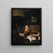 Woman beside a spinning wheel asleep during her reading - Quirijn van Brekelenkam — framed artwork on a wall
