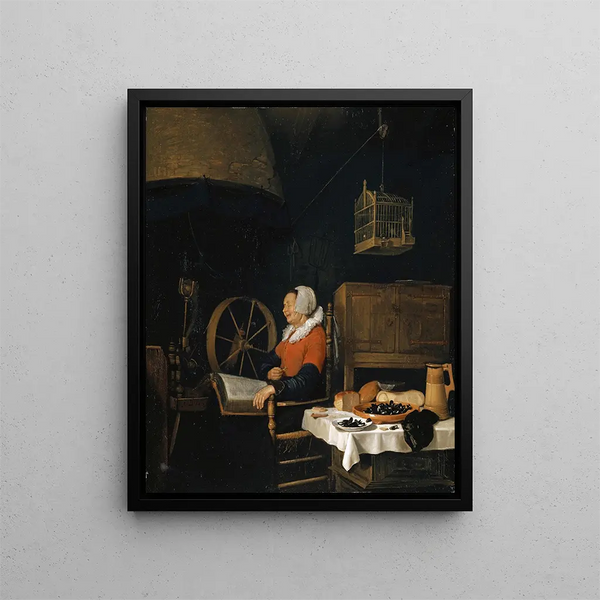 Woman beside a spinning wheel asleep during her reading - Quirijn van Brekelenkam — framed artwork on a wall