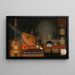 Still life painting of a vanity with musical instruments, a globe, and other objects - R. Arnold — framed artwork on a wall