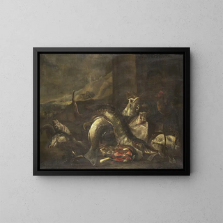 Nature morte with fish - R. van Burgh — framed artwork on a wall